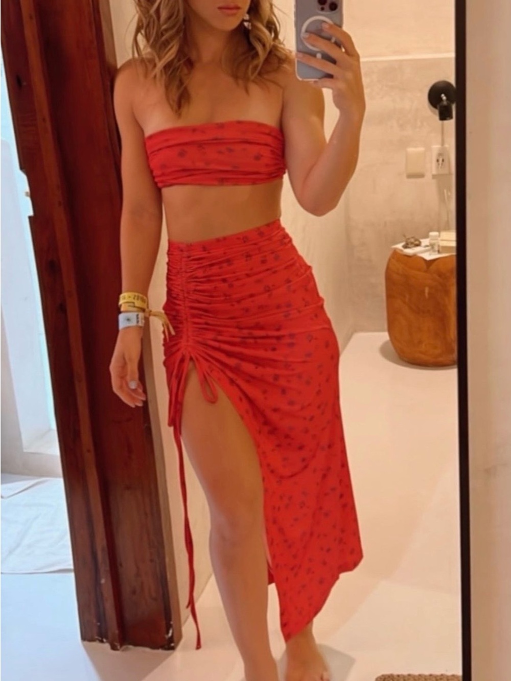 Day 6 London Brigit Bralet + Noya Midi Skirt Set in Red Print XS